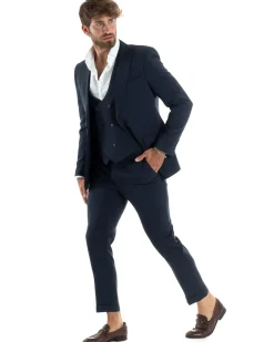 Abito uomo monopetto vestito 3 pezzi completo panciotto blu melangiato GIOSAL-AE1062A