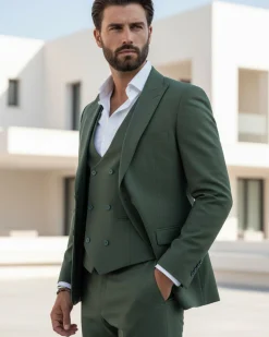 Abito uomo monopetto vestito 3 pezzi completo panciotto verde melangiato GIOSAL-AE1061A