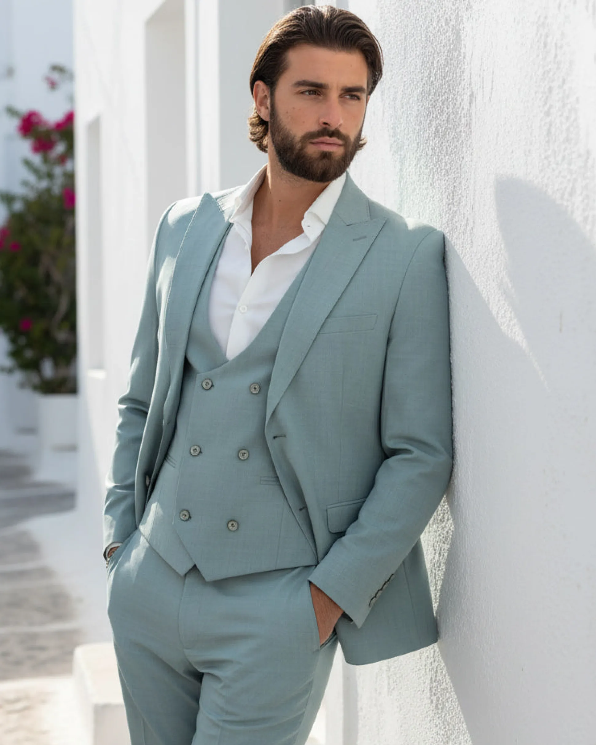 Abito Uomo Monopetto Vestito 3 Pezzi Completo Panciotto Verde Acqua Melangiato AE1114A