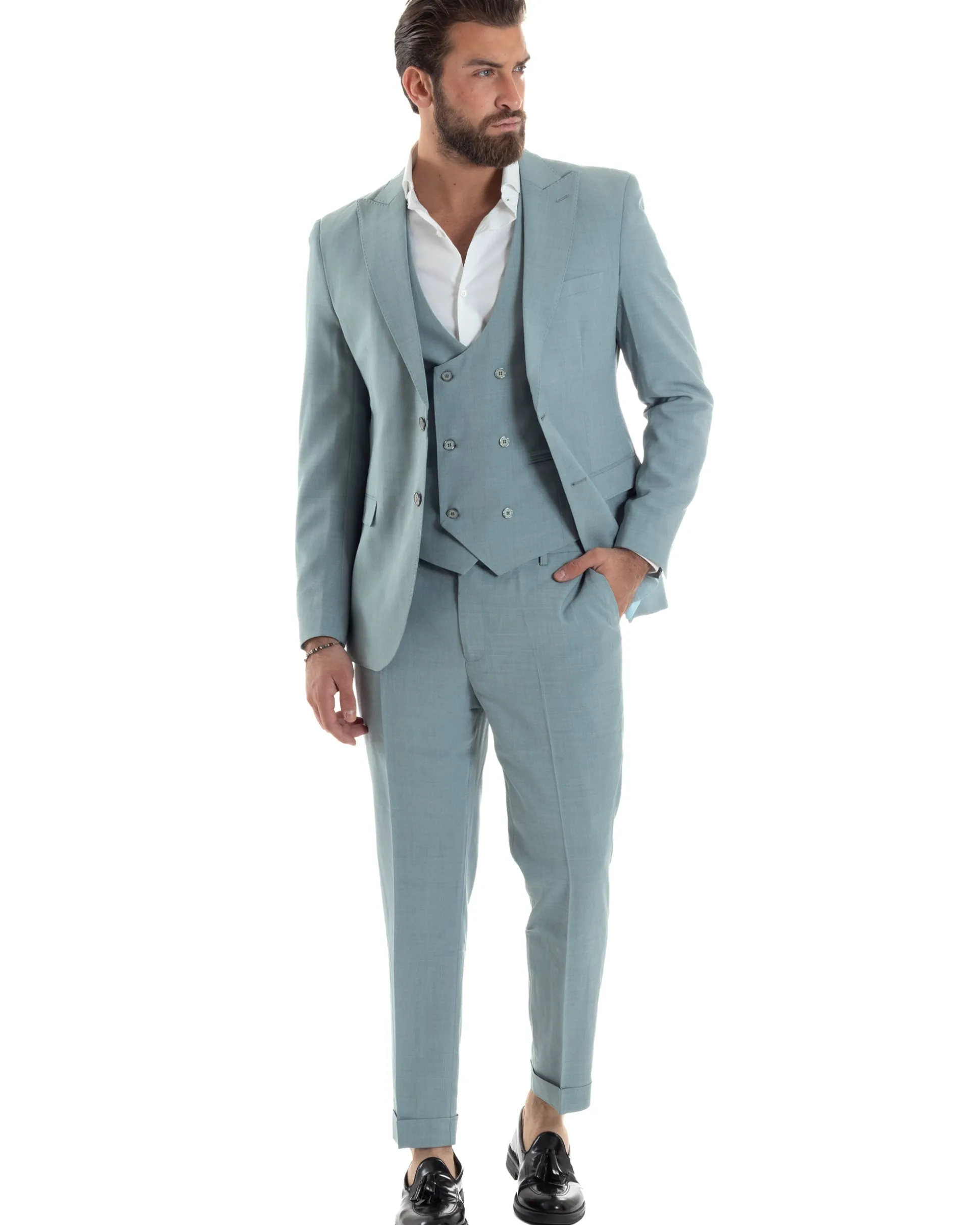 Abito Uomo Monopetto Vestito 3 Pezzi Completo Panciotto Verde Acqua Melangiato AE1114A