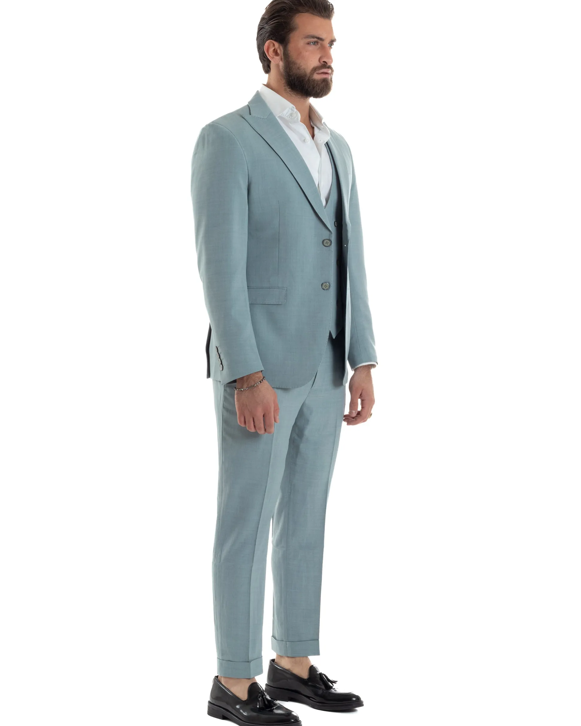 Abito Uomo Monopetto Vestito 3 Pezzi Completo Panciotto Verde Acqua Melangiato AE1114A