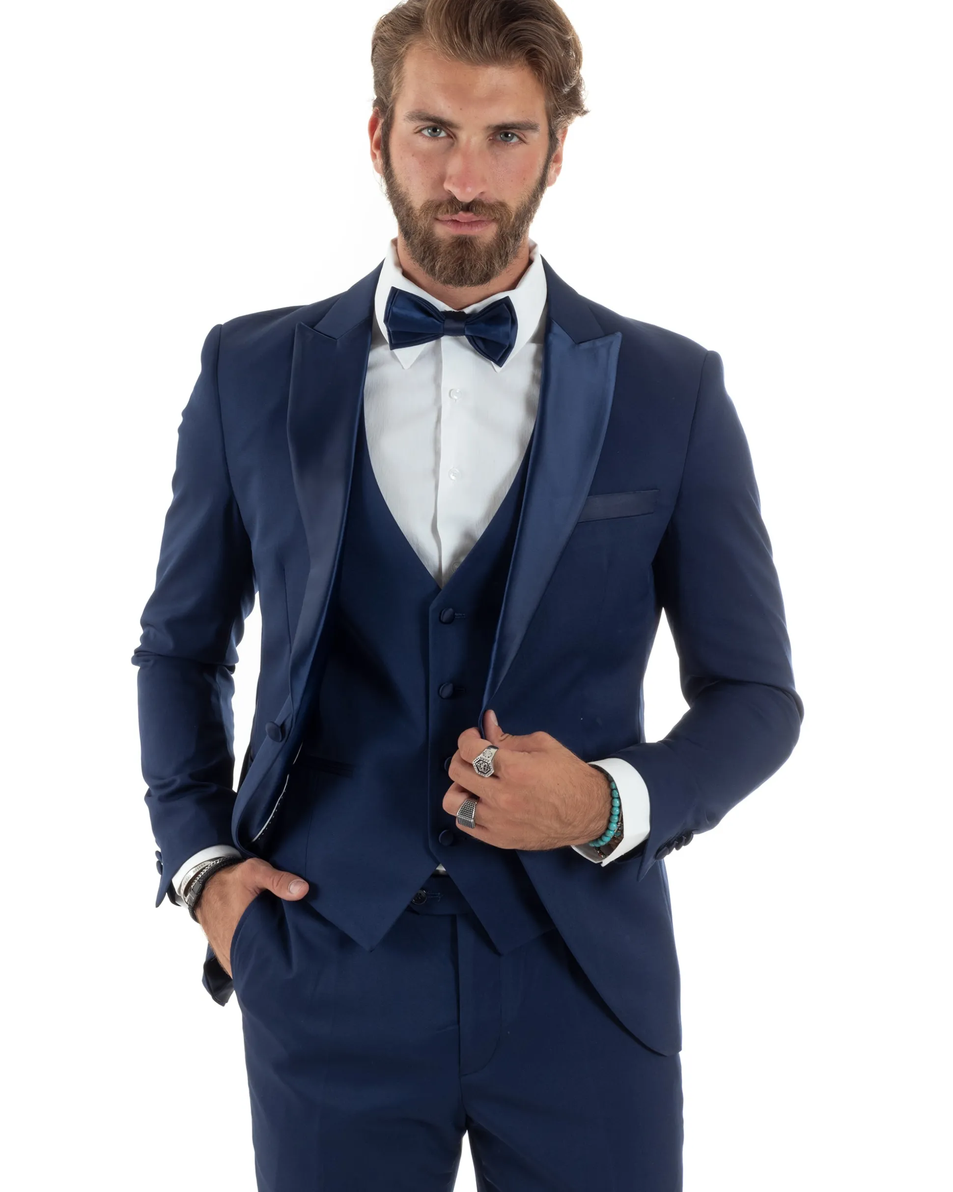 Abito Uomo Monopetto Vestito 3 Pezzi Completo Panciotto Smoking Raso Blu AE1099A