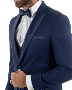 Abito Uomo Monopetto Vestito 3 Pezzi Completo Panciotto Smoking Raso Blu AE1099A