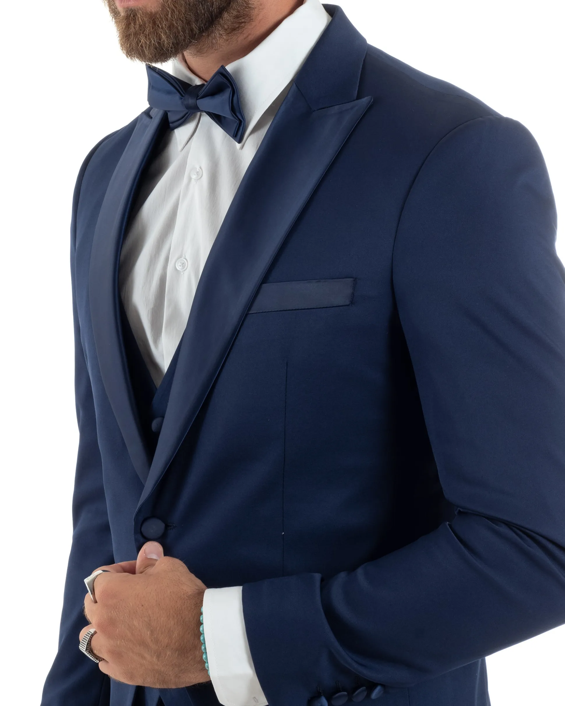 Abito Uomo Monopetto Vestito 3 Pezzi Completo Panciotto Smoking Raso Blu AE1099A