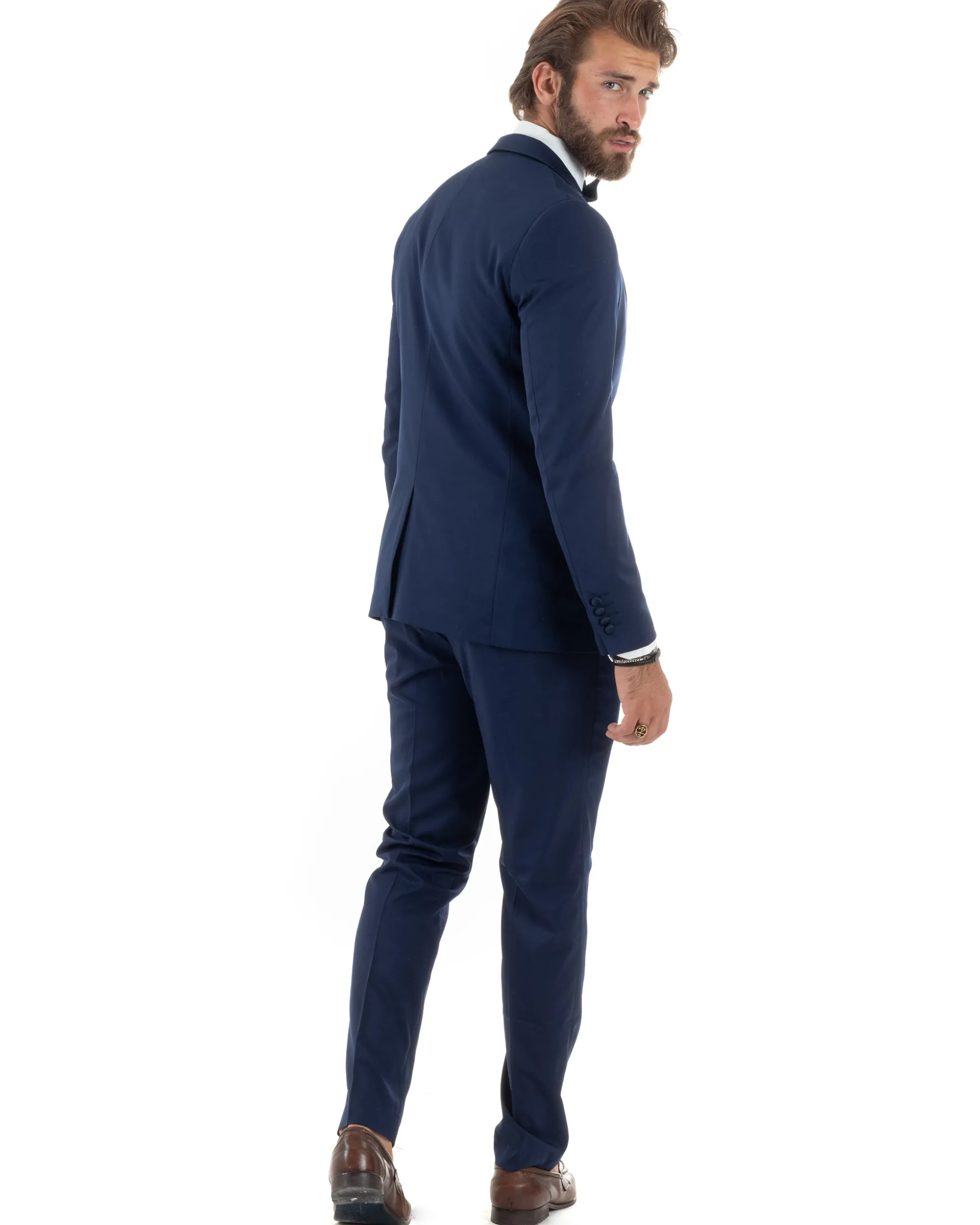 Abito Uomo Monopetto Vestito 3 Pezzi Completo Panciotto Smoking Raso Blu AE1099A