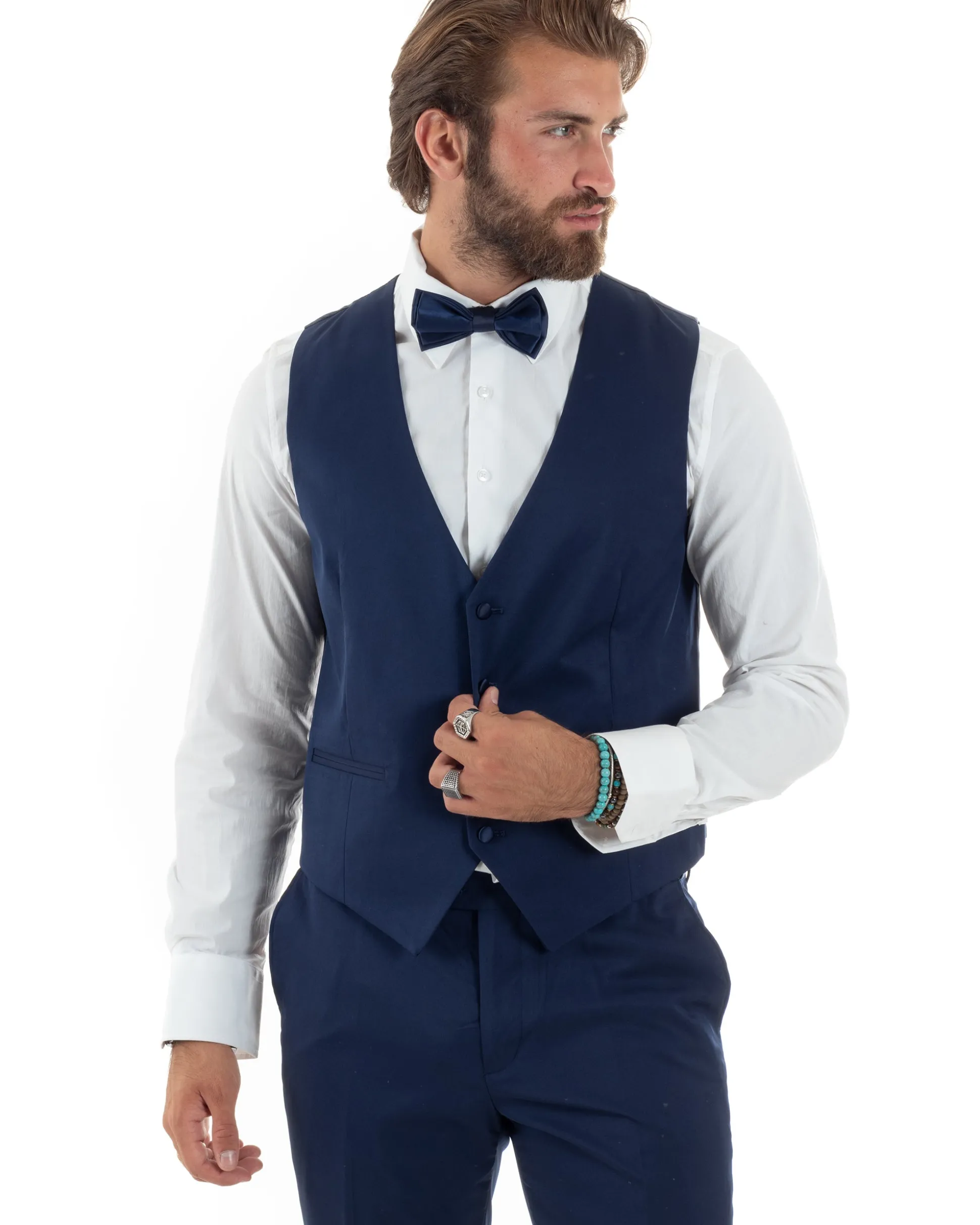 Abito Uomo Monopetto Vestito 3 Pezzi Completo Panciotto Smoking Raso Blu AE1099A