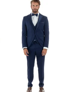 Abito Uomo Monopetto Vestito 3 Pezzi Completo Panciotto Smoking Raso Blu AE1099A