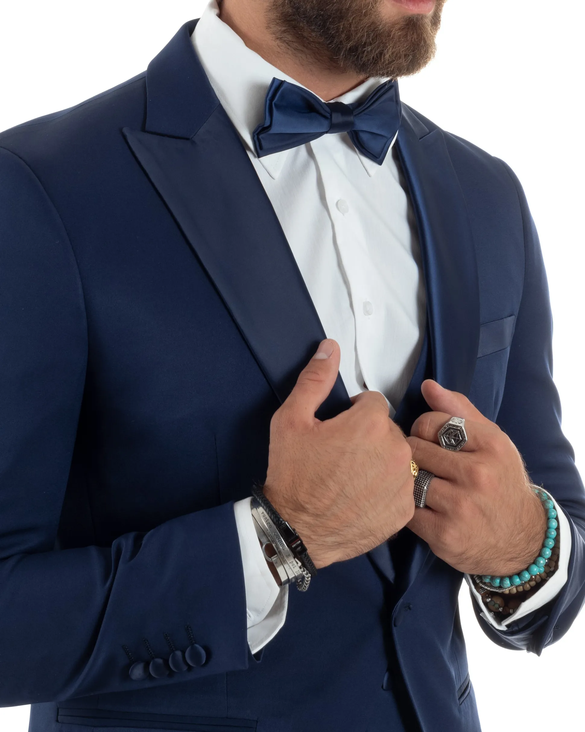 Abito Uomo Monopetto Vestito 3 Pezzi Completo Panciotto Smoking Raso Blu AE1099A