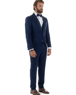 Abito Uomo Monopetto Vestito 3 Pezzi Completo Panciotto Smoking Raso Blu AE1099A