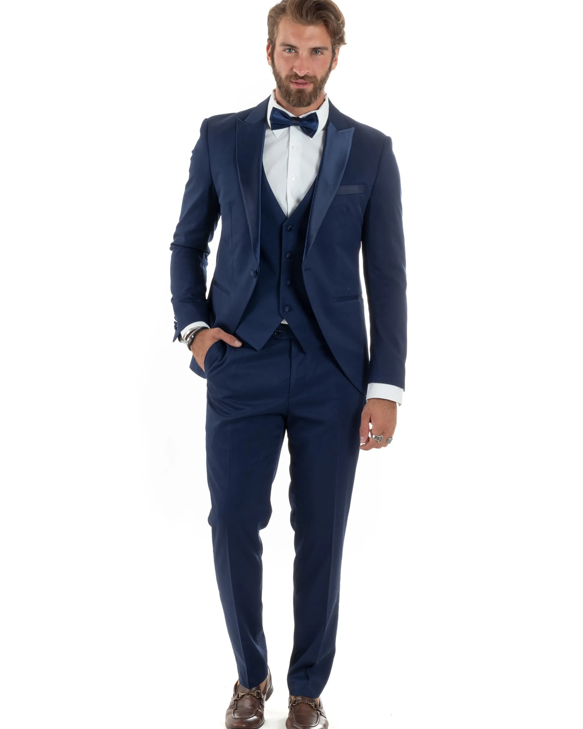 Abito Uomo Monopetto Vestito 3 Pezzi Completo Panciotto Smoking Raso Blu AE1099A