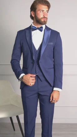 Abito Uomo Monopetto Vestito 3 Pezzi Completo Panciotto Smoking Raso Blu AE1099A
