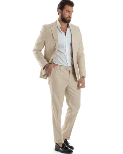 Abito Uomo Monopetto Vestito Viscosa Completo Giacca Pantaloni Beige Melangiato AE1127A