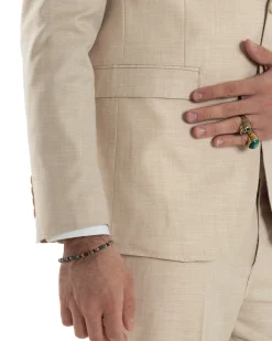 Abito Uomo Monopetto Vestito Viscosa Completo Giacca Pantaloni Beige Melangiato AE1127A