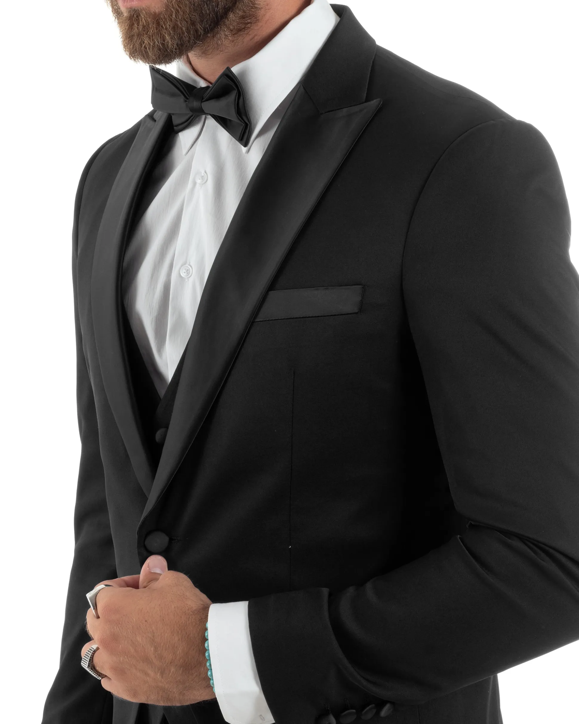 Abito uomo monopetto vestito 3 pezzi completo panciotto smoking raso nero GIOSAL-AE1098A