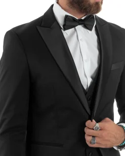 Abito uomo monopetto vestito 3 pezzi completo panciotto smoking raso nero GIOSAL-AE1098A