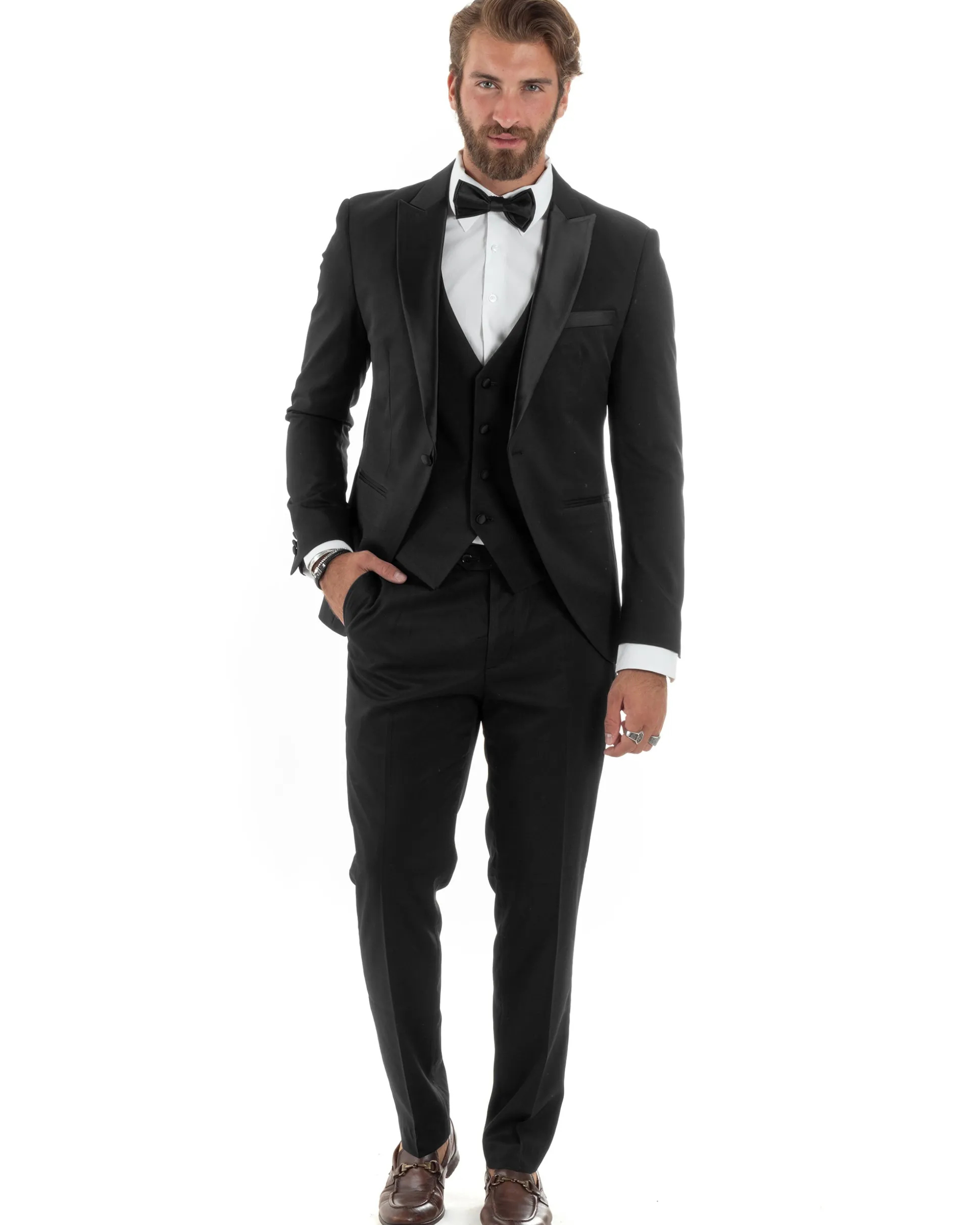 Abito uomo monopetto vestito 3 pezzi completo panciotto smoking raso nero GIOSAL-AE1098A