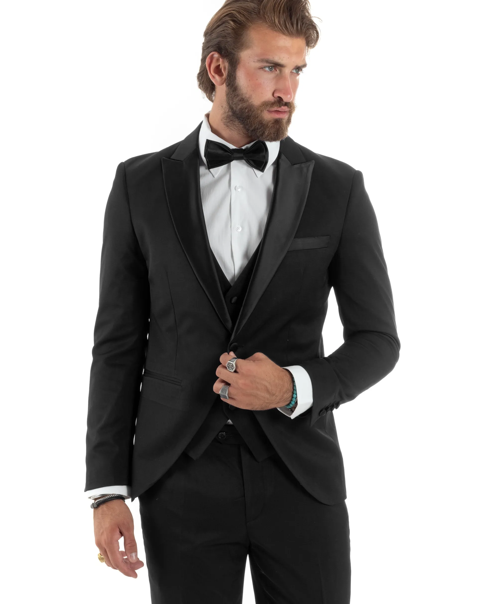 Abito uomo monopetto vestito 3 pezzi completo panciotto smoking raso nero GIOSAL-AE1098A