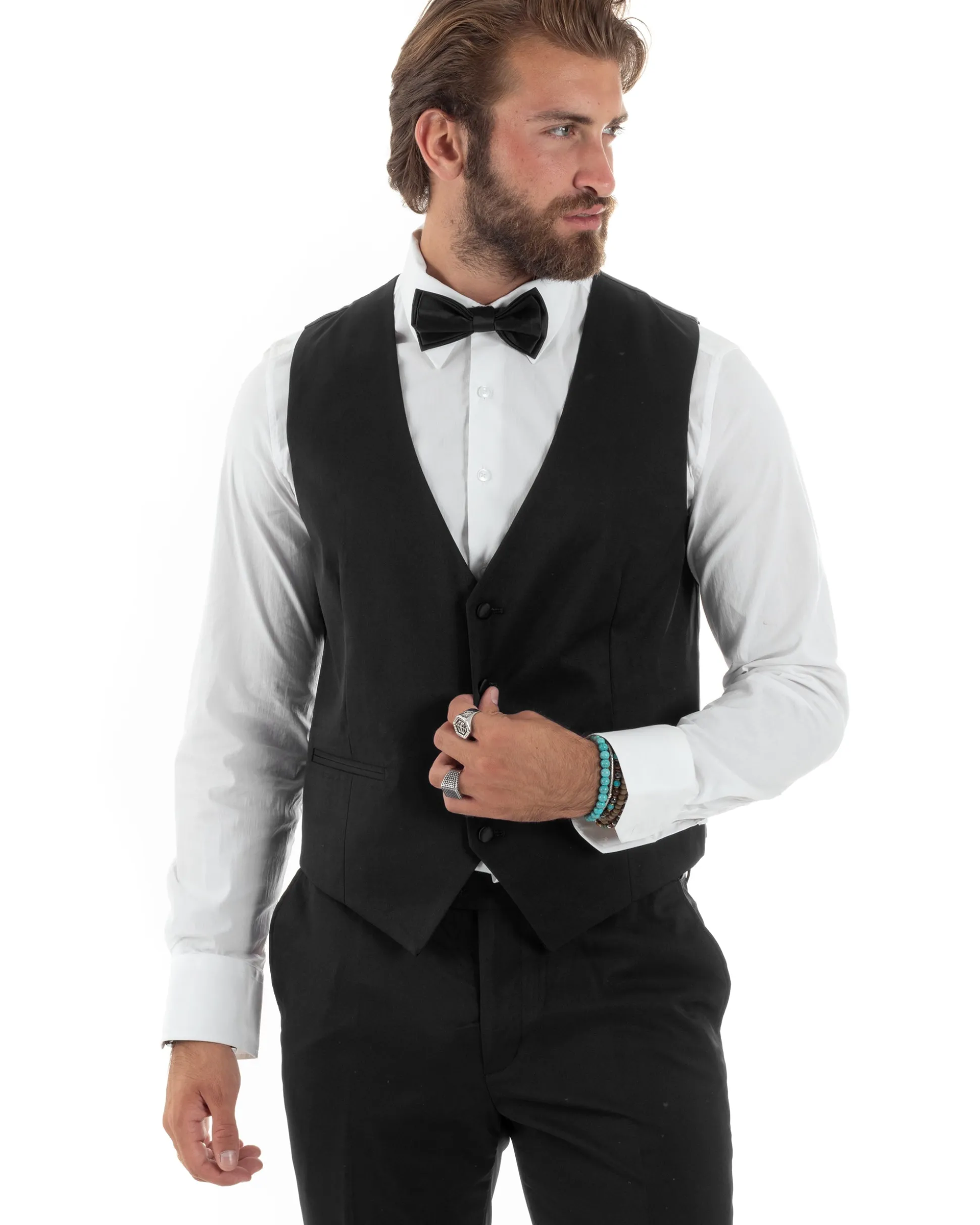 Abito uomo monopetto vestito 3 pezzi completo panciotto smoking raso nero GIOSAL-AE1098A