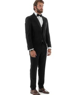 Abito uomo monopetto vestito 3 pezzi completo panciotto smoking raso nero GIOSAL-AE1098A
