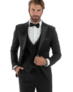 Abito uomo monopetto vestito 3 pezzi completo panciotto smoking raso nero GIOSAL-AE1098A