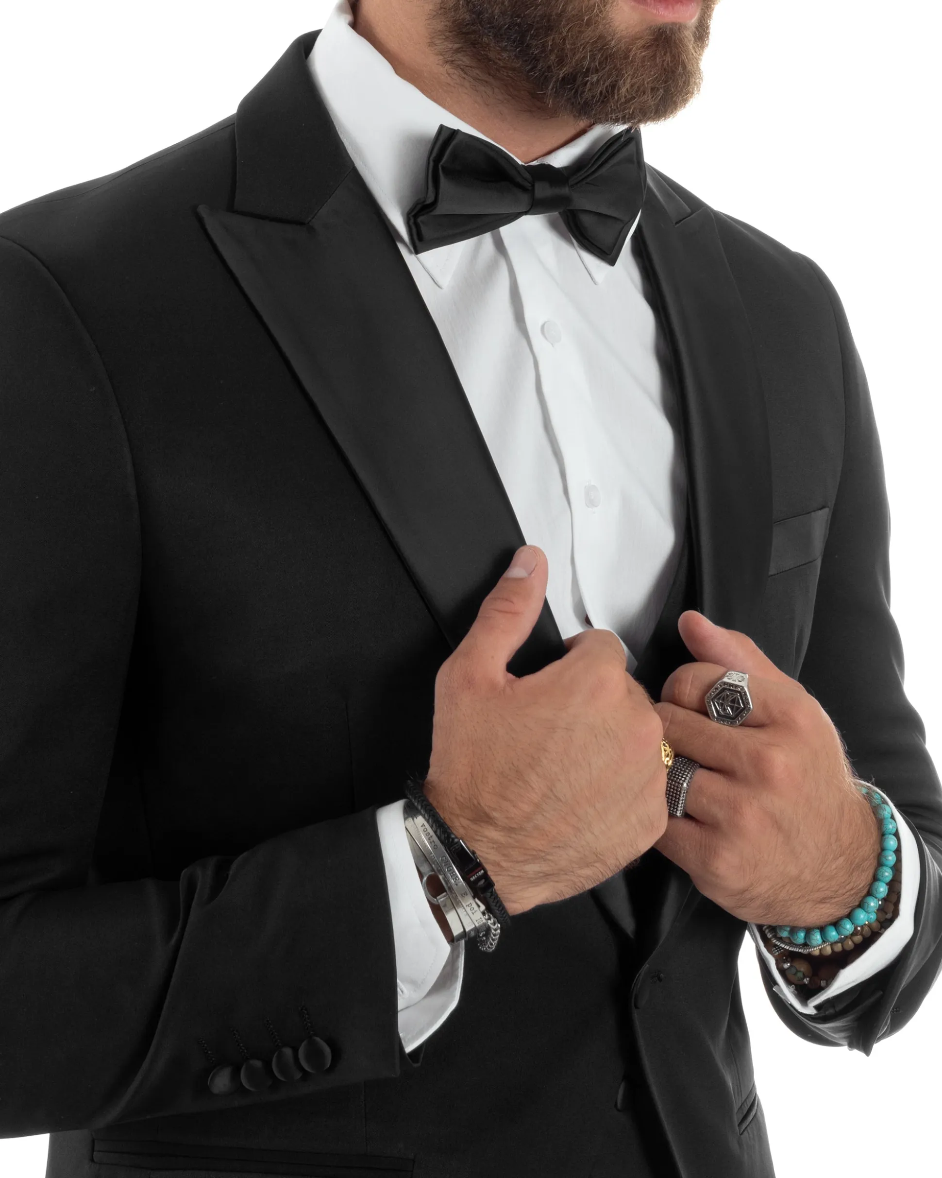 Abito uomo monopetto vestito 3 pezzi completo panciotto smoking raso nero GIOSAL-AE1098A