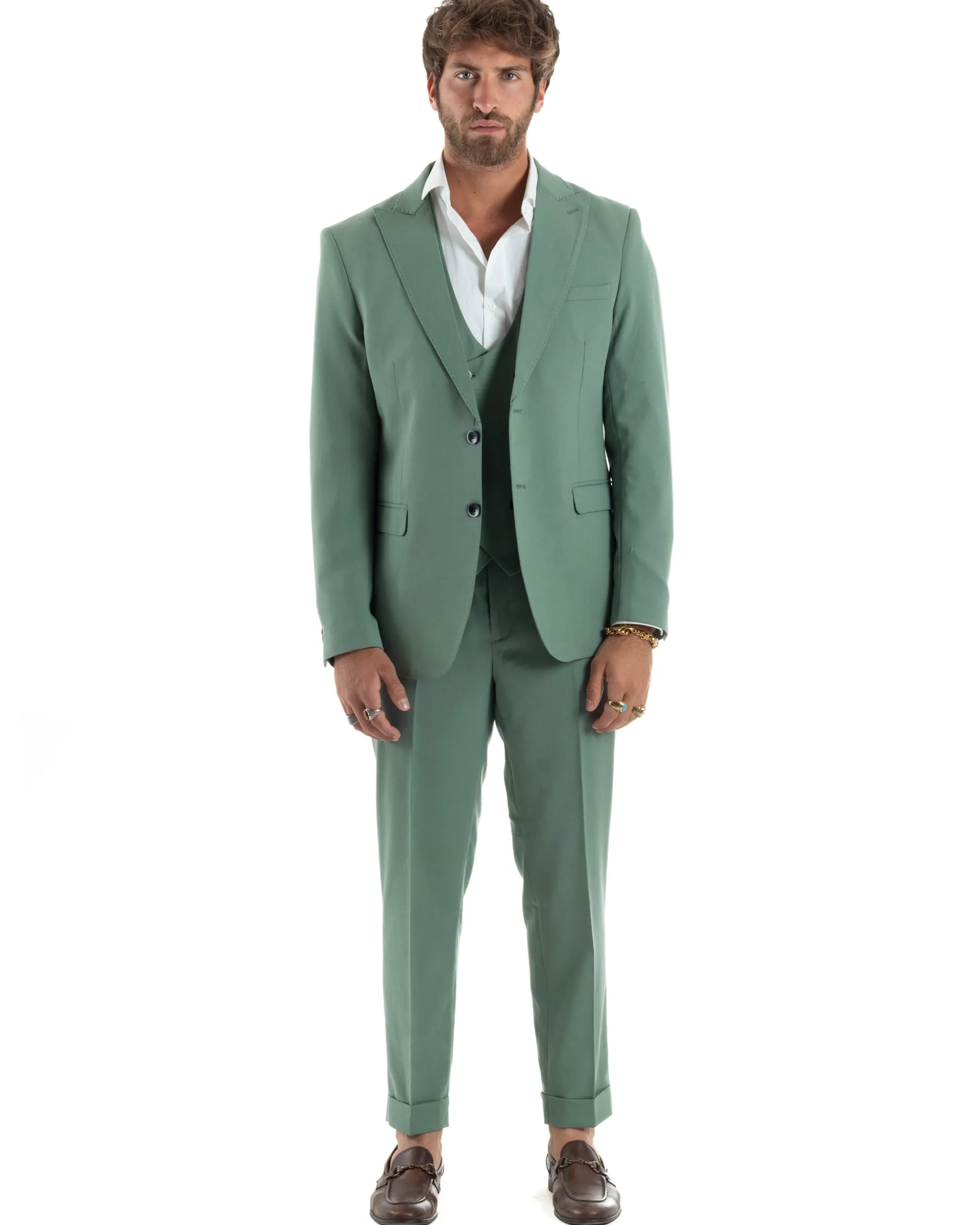 Abito Uomo Monopetto Vestito 3 Pezzi Completo Panciotto Verde Salvia AE1161A