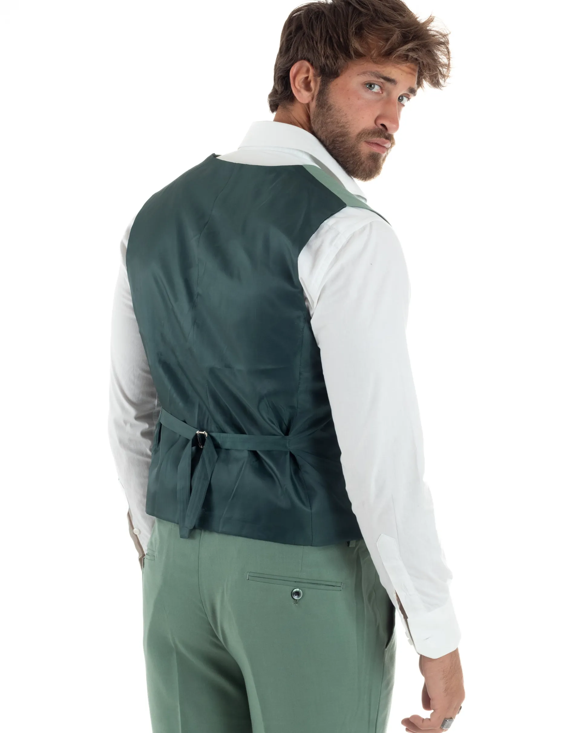 Abito Uomo Monopetto Vestito 3 Pezzi Completo Panciotto Verde Salvia AE1161A