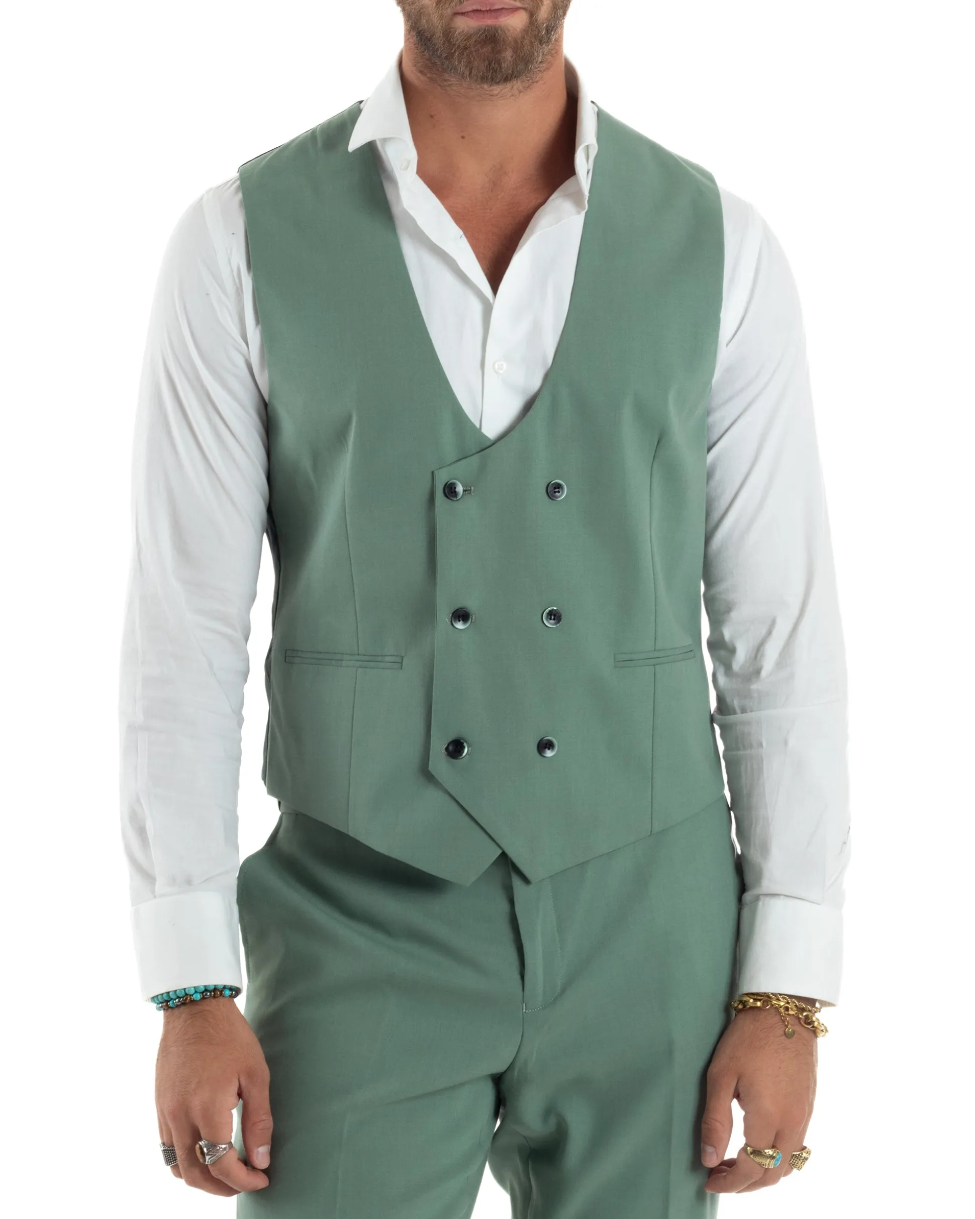 Abito Uomo Monopetto Vestito 3 Pezzi Completo Panciotto Verde Salvia AE1161A