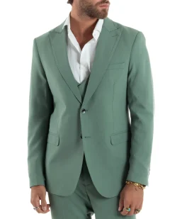 Abito Uomo Monopetto Vestito 3 Pezzi Completo Panciotto Verde Salvia AE1161A