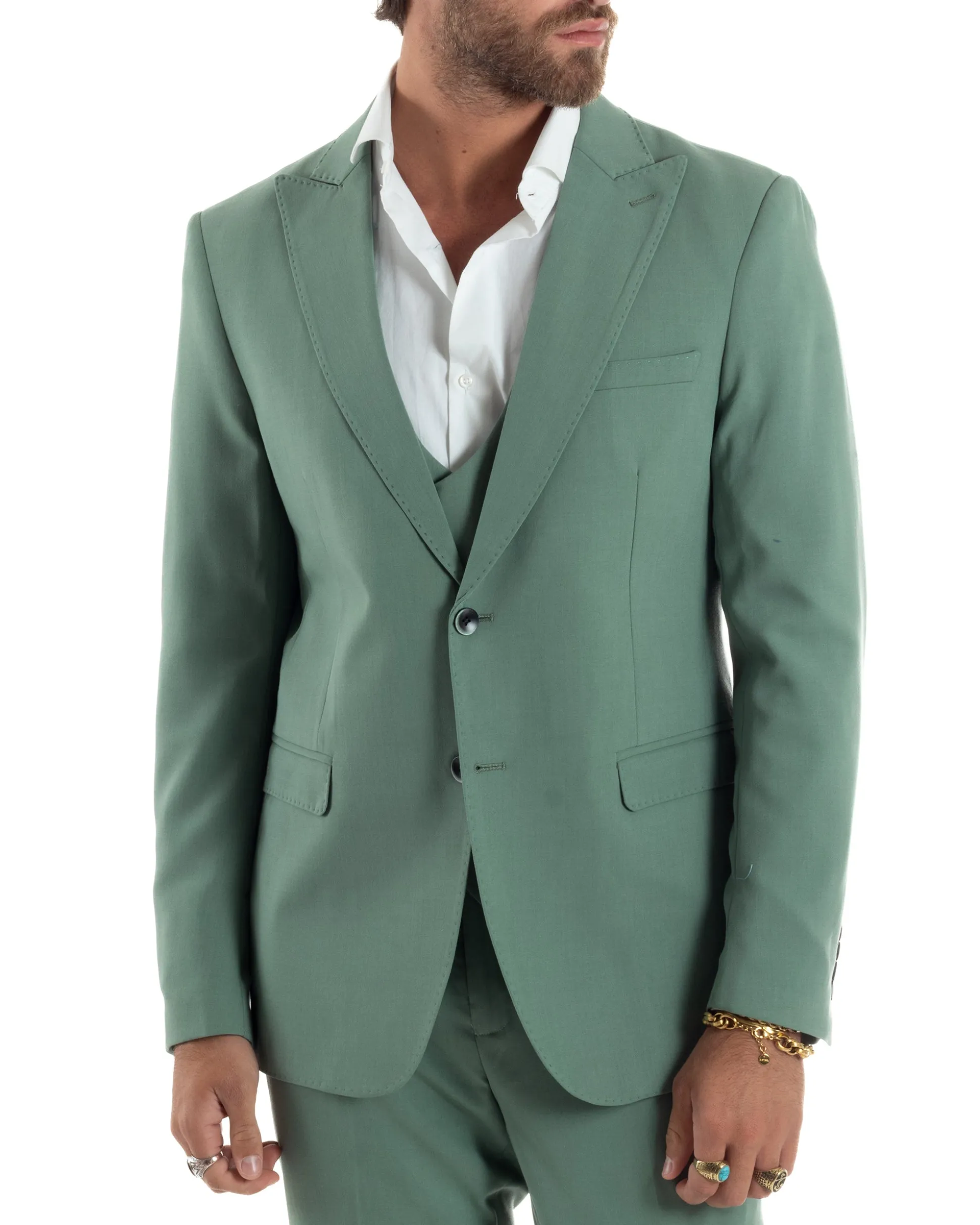 Abito Uomo Monopetto Vestito 3 Pezzi Completo Panciotto Verde Salvia AE1161A