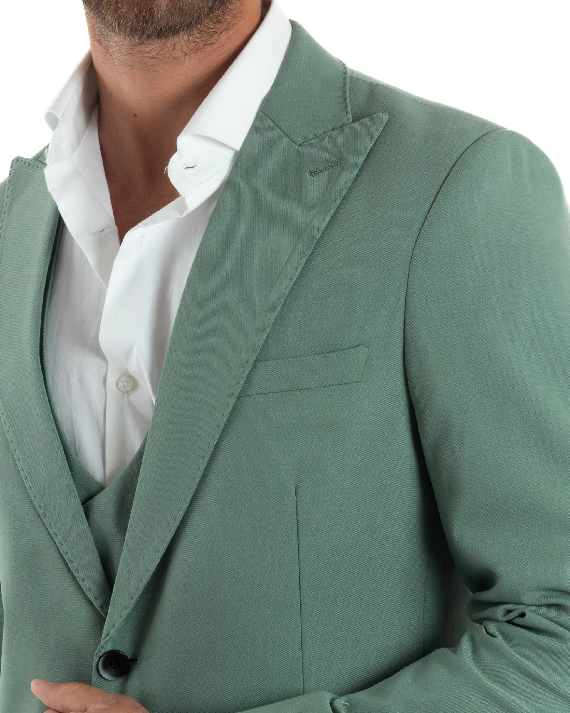 Abito Uomo Monopetto Vestito 3 Pezzi Completo Panciotto Verde Salvia AE1161A