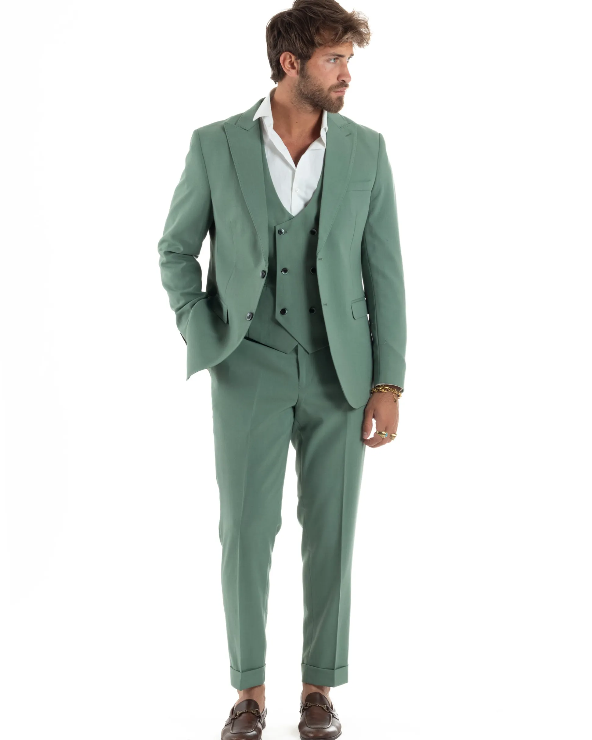 Abito Uomo Monopetto Vestito 3 Pezzi Completo Panciotto Verde Salvia AE1161A