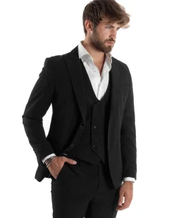 Abito Uomo Monopetto Vestito 3 Pezzi Completo Panciotto Nero AE1067A