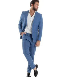 Abito Uomo Monopetto Vestito Viscosa Completo Giacca Pantaloni Blu Chiaro Melangiato AE1126A