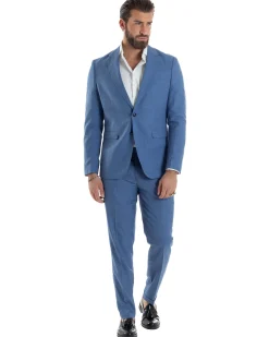 Abito Uomo Monopetto Vestito Viscosa Completo Giacca Pantaloni Blu Chiaro Melangiato AE1126A