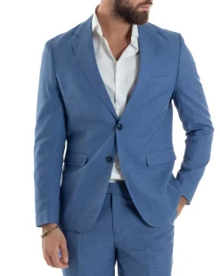 Abito Uomo Monopetto Vestito Viscosa Completo Giacca Pantaloni Blu Chiaro Melangiato AE1126A