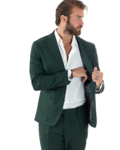Abito Uomo Monopetto Vestito Viscosa Completo Giacca Pantaloni Verde Scuro Melangiato AE1091A
