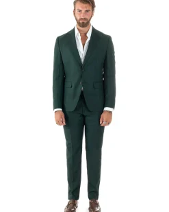 Abito Uomo Monopetto Vestito Viscosa Completo Giacca Pantaloni Verde Scuro Melangiato AE1091A
