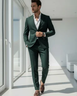 Abito Uomo Monopetto Vestito Viscosa Completo Giacca Pantaloni Verde Scuro Melangiato AE1091A