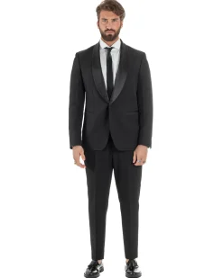Abito uomo monopetto vestito completo smoking rever sciallato raso nero GIOSAL-AE1213A