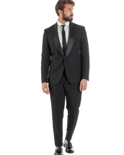 Abito uomo monopetto vestito completo smoking rever sciallato raso nero GIOSAL-AE1213A