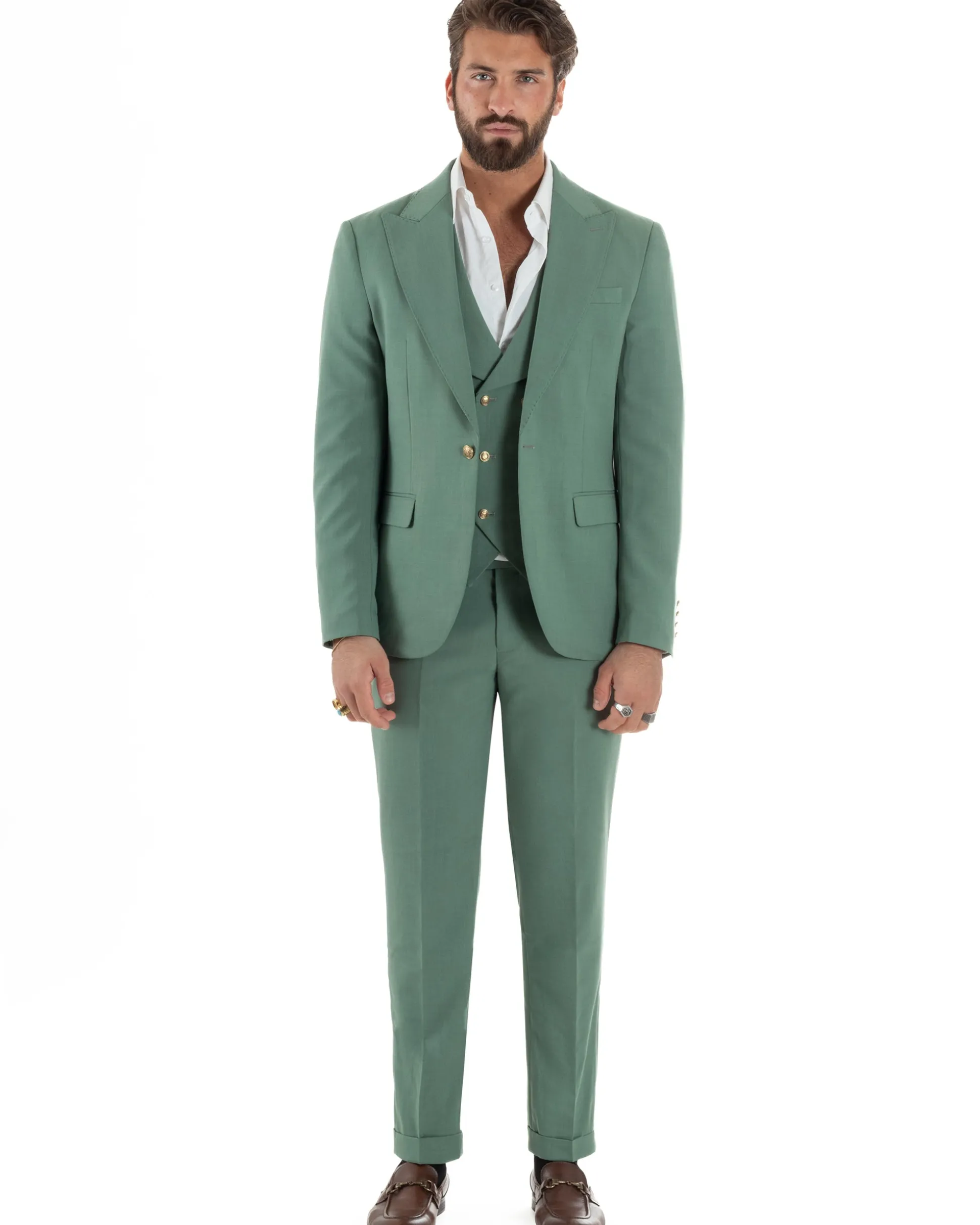 Abito uomo vestito monopetto 3 pezzi panciotto bottoni oro verde salvia GIOSAL-AE1225A