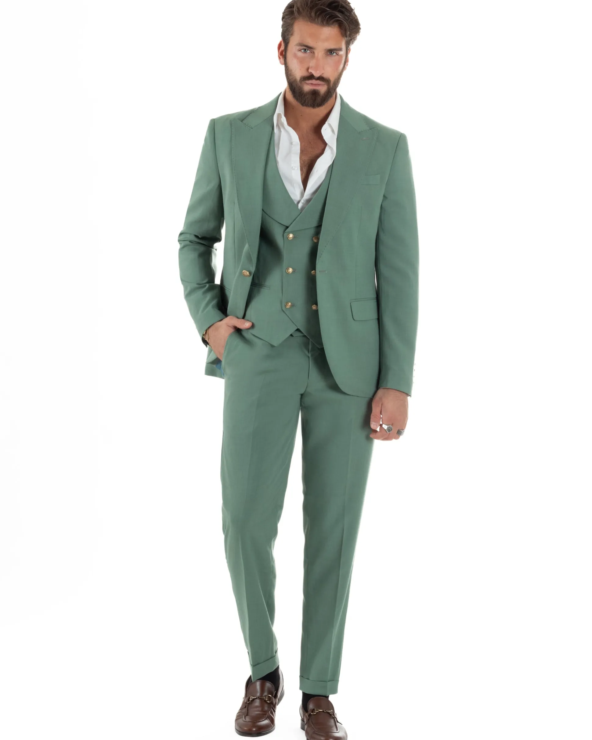 Abito uomo vestito monopetto 3 pezzi panciotto bottoni oro verde salvia GIOSAL-AE1225A