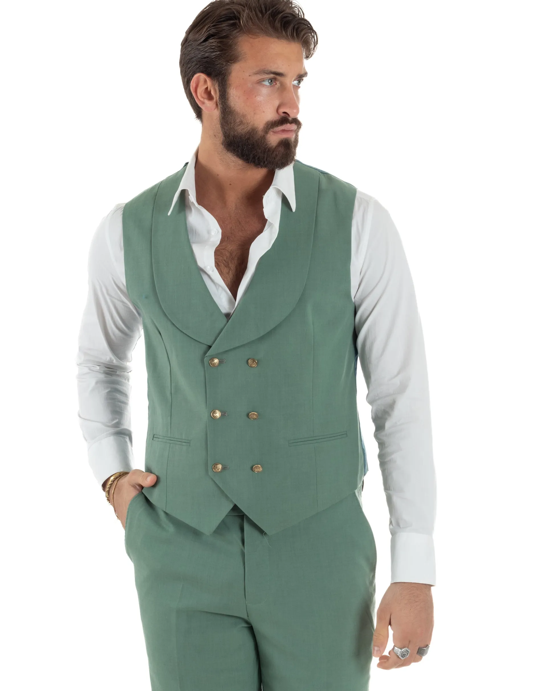 Abito uomo vestito monopetto 3 pezzi panciotto bottoni oro verde salvia GIOSAL-AE1225A