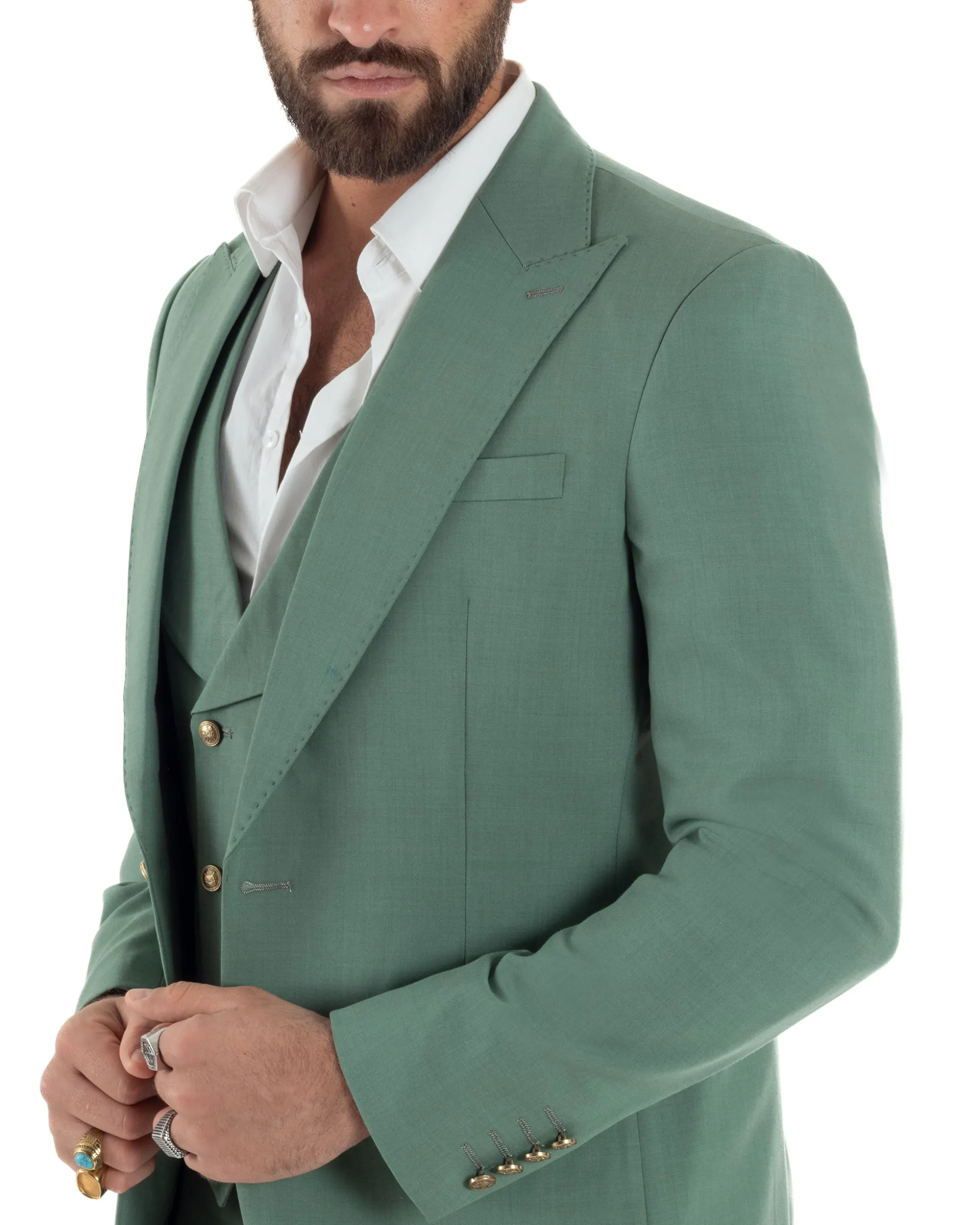 Abito uomo vestito monopetto 3 pezzi panciotto bottoni oro verde salvia GIOSAL-AE1225A
