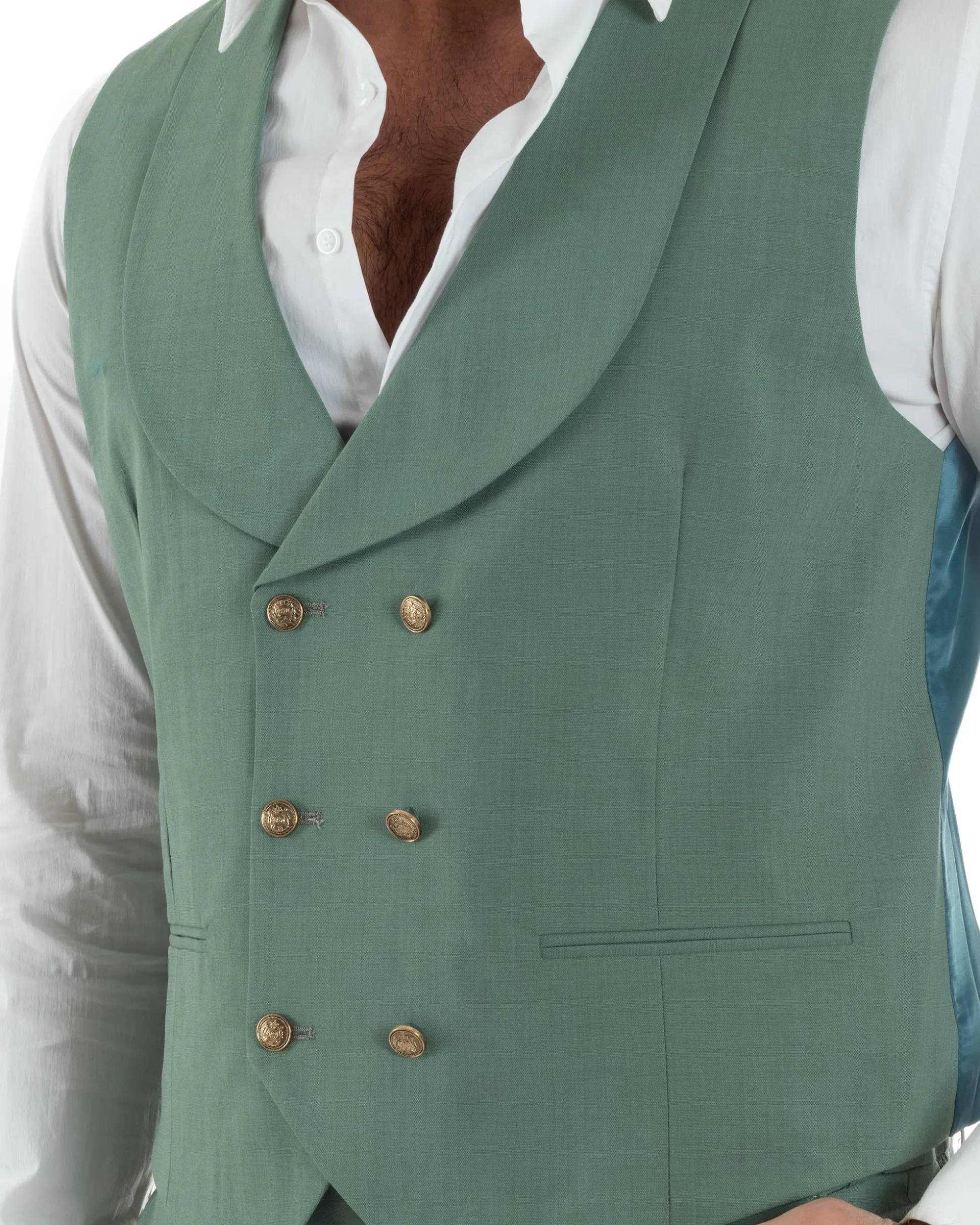 Abito uomo vestito monopetto 3 pezzi panciotto bottoni oro verde salvia GIOSAL-AE1225A