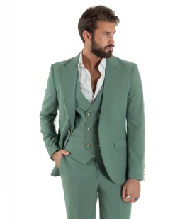 Abito uomo vestito monopetto 3 pezzi panciotto bottoni oro verde salvia GIOSAL-AE1225A