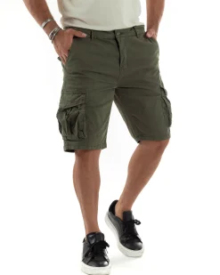 Bermuda Cargo Uomo Cotone Pantaloncini Corti Casual Con Tasconi Con Tasche America Oversize Wide Leg Tinta Unita Verde GIOSAL-PC1977A