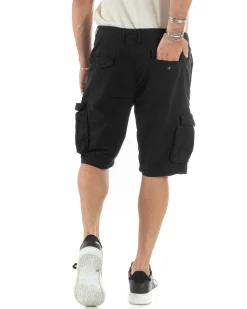 Bermuda Cargo Uomo Cotone Pantaloncini Corti Casual Con Tasconi Con Tasche America Oversize Wide Leg Tinta Unita Nero GIOSAL-PC1978A