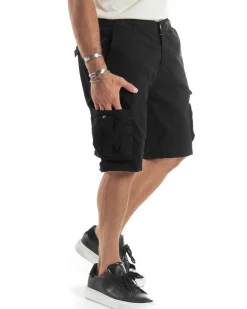 Bermuda Cargo Uomo Cotone Pantaloncini Corti Casual Con Tasconi Con Tasche America Oversize Wide Leg Tinta Unita Nero GIOSAL-PC1978A